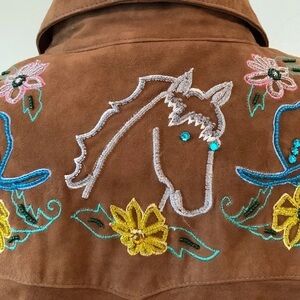 Tasha polizzi leather suede beaded embroidered western top horse shoes floral M